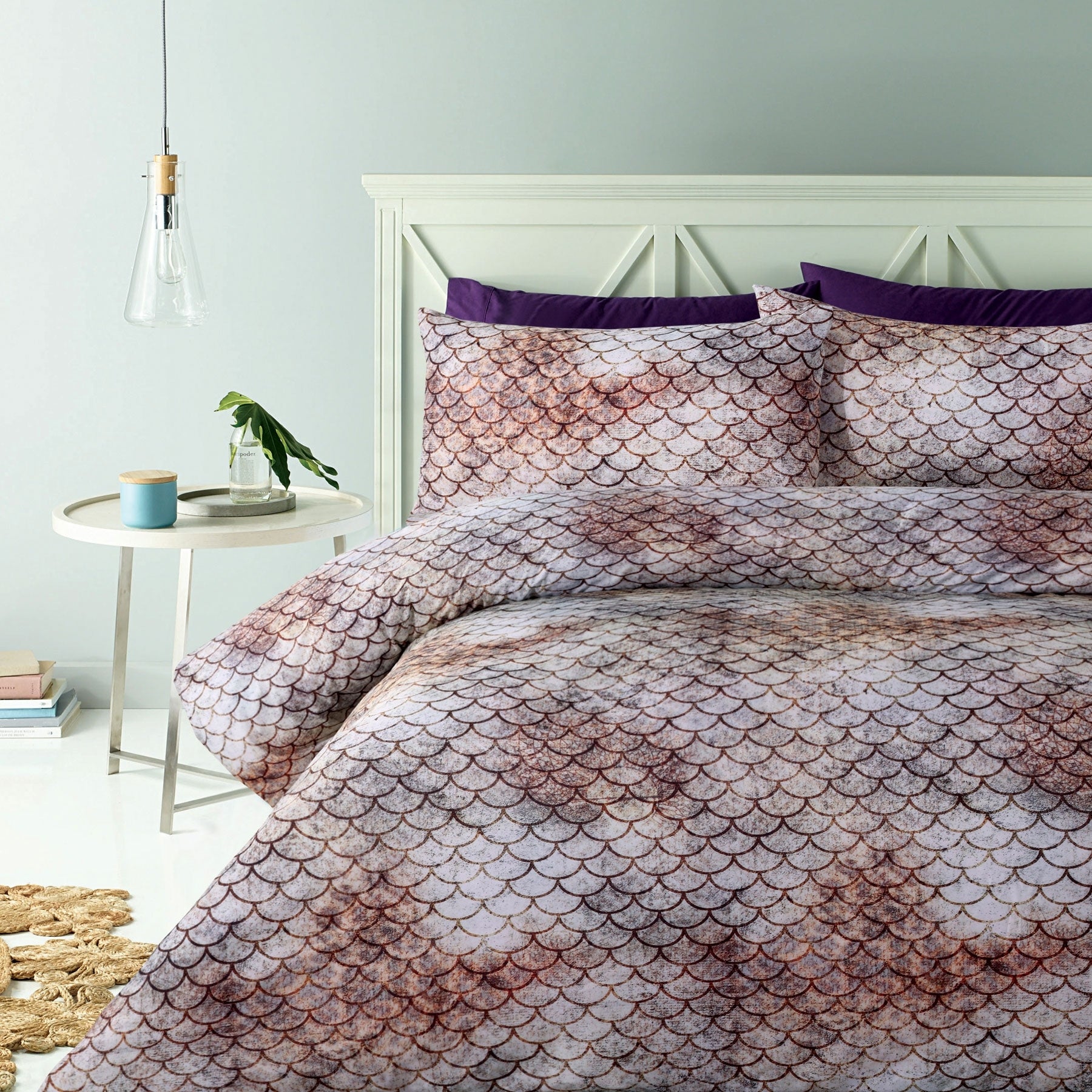 Big Sleep Ari Quilt Cover Set Queen featuring a fish scale print in grey, taupe, and brown tones, perfect for stylish bedroom decor.