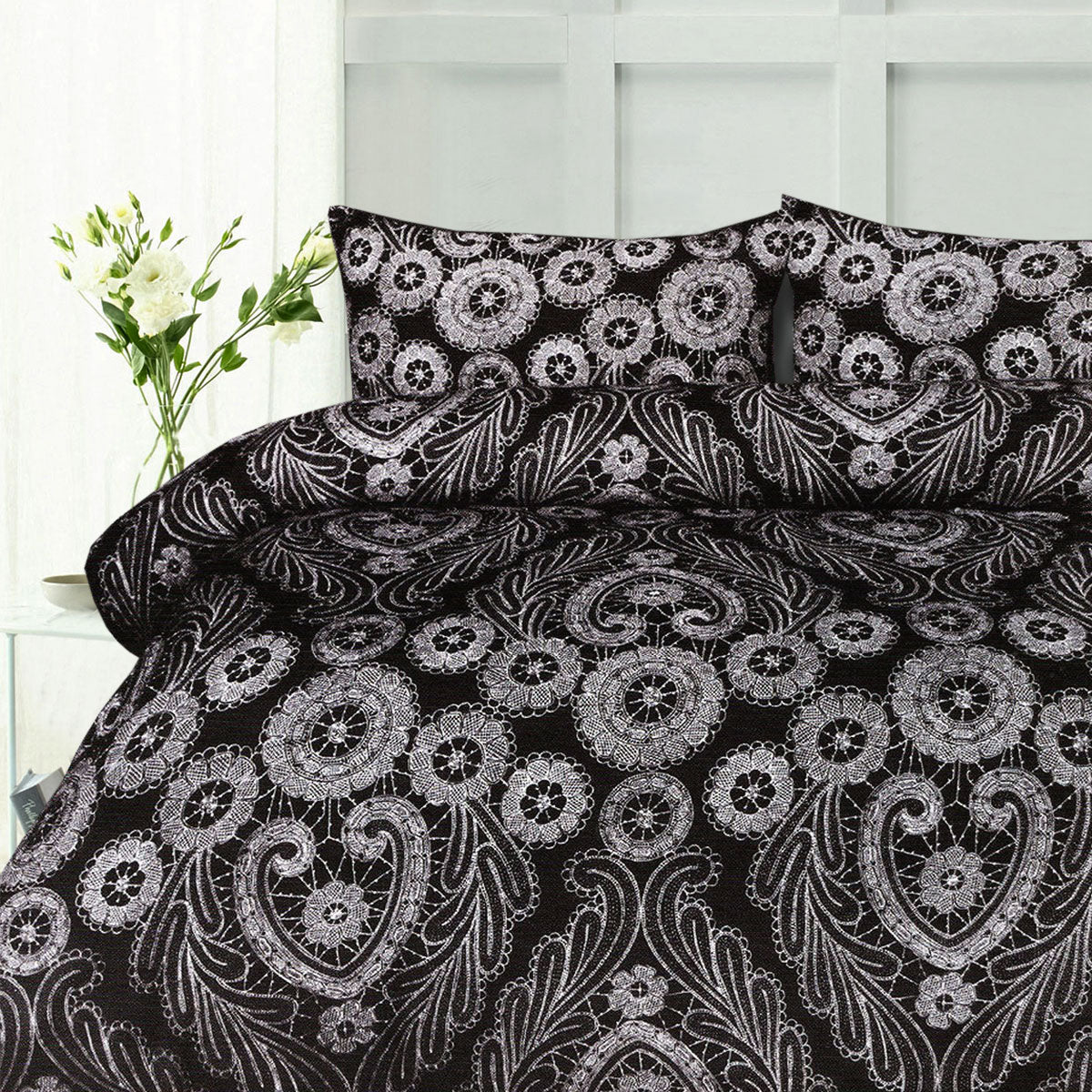 Big Sleep Batik Black Quilt Cover Set featuring a damask pattern in black and white, suitable for double beds.