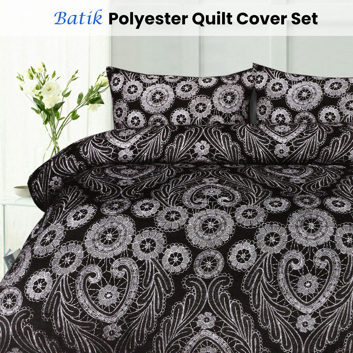 Big Sleep Batik Black Quilt Cover Set featuring a damask pattern in black and white, suitable for double beds.