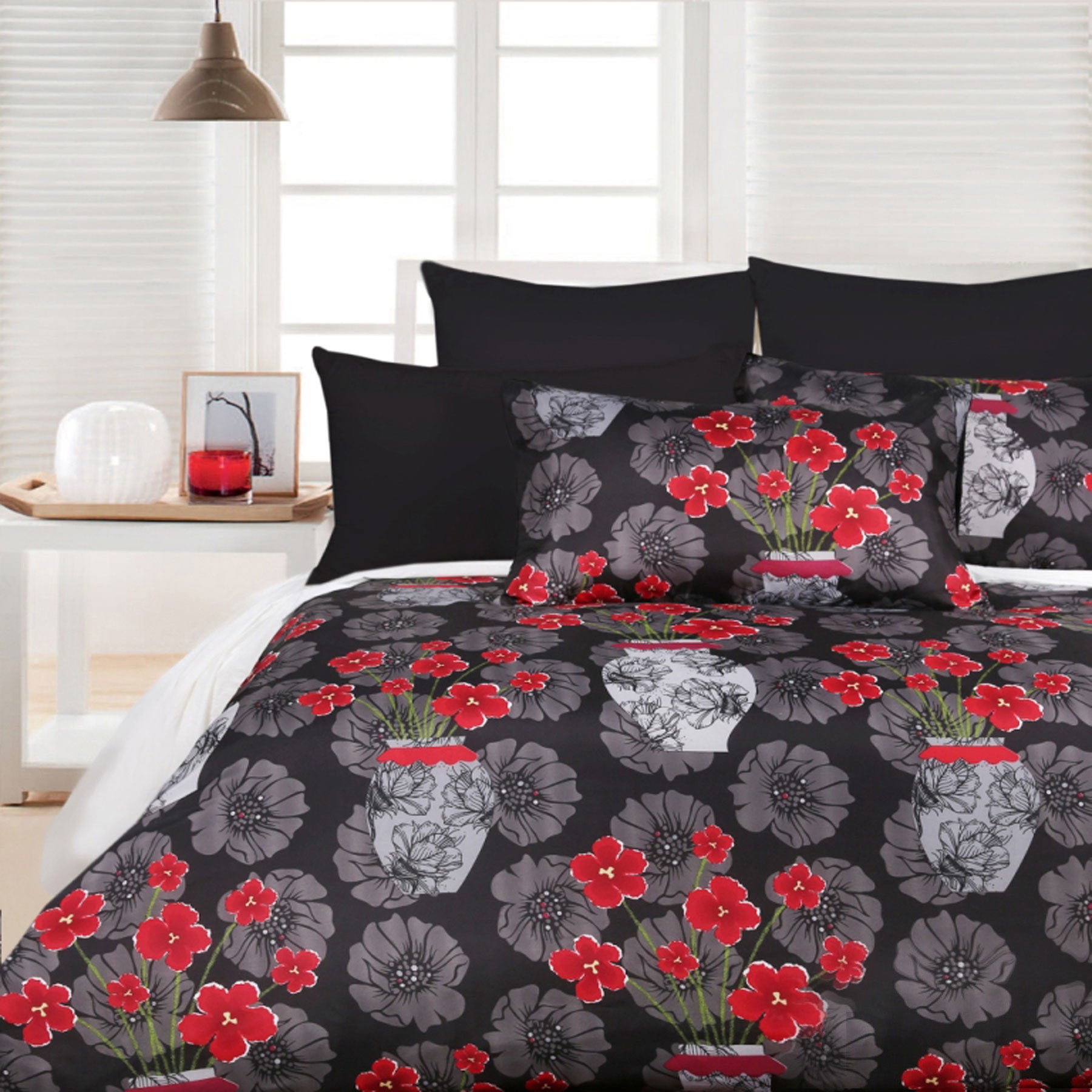 Big Sleep Devine Black Quilt Cover Set featuring floral design in Burgundy, White, Grey, and Silver on a Black background, includes quilt cover and pillowcase.