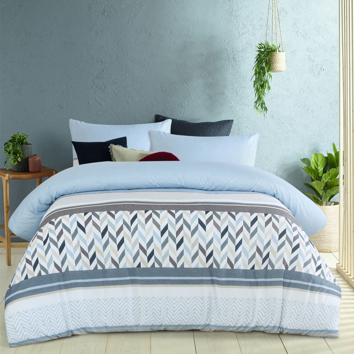 Big Sleep Joel Printed Quilt Cover Set King featuring a vibrant chevron design in white, sky blue, ink, grey, and silver colors.