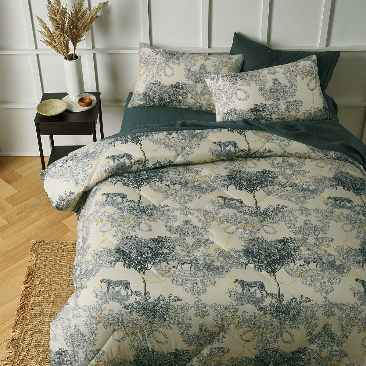 Big Sleep Matteo Printed Quilt Cover Set in taupe, indigo, yellow, and orange colors, featuring a damask print design and soft microfibre fabric.