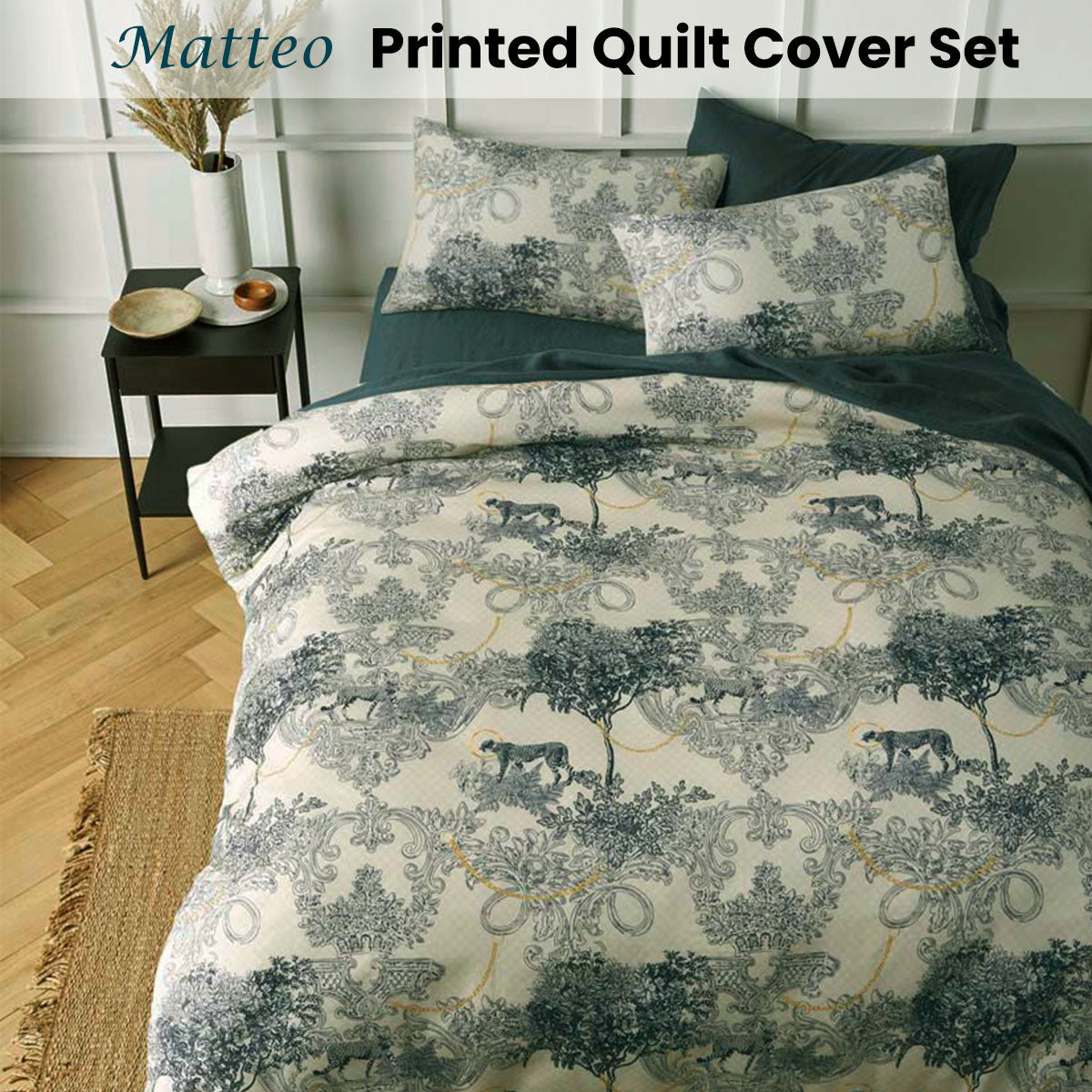 Big Sleep Matteo Printed Quilt Cover Set in taupe, indigo, yellow, and orange colors, featuring a damask print design and soft microfibre fabric.