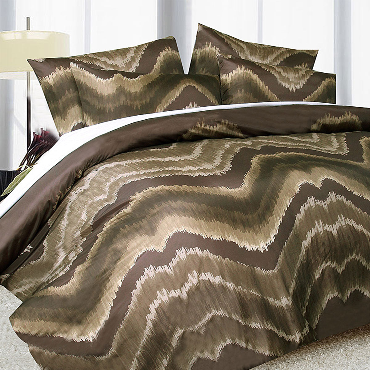 Big Sleep Midnight Chocolate Quilt Cover Set featuring a wavelength pattern in taupe, brown, and latte colors, perfect for single beds.