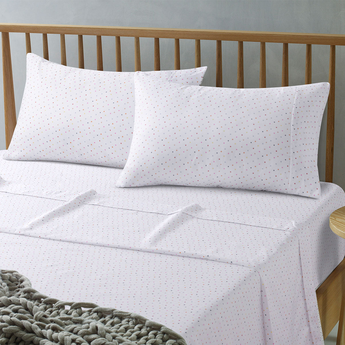 Big Sleep Polka Printed Microfibre Sheet Set Queen featuring colorful polka dots in various tones on a soft fabric.