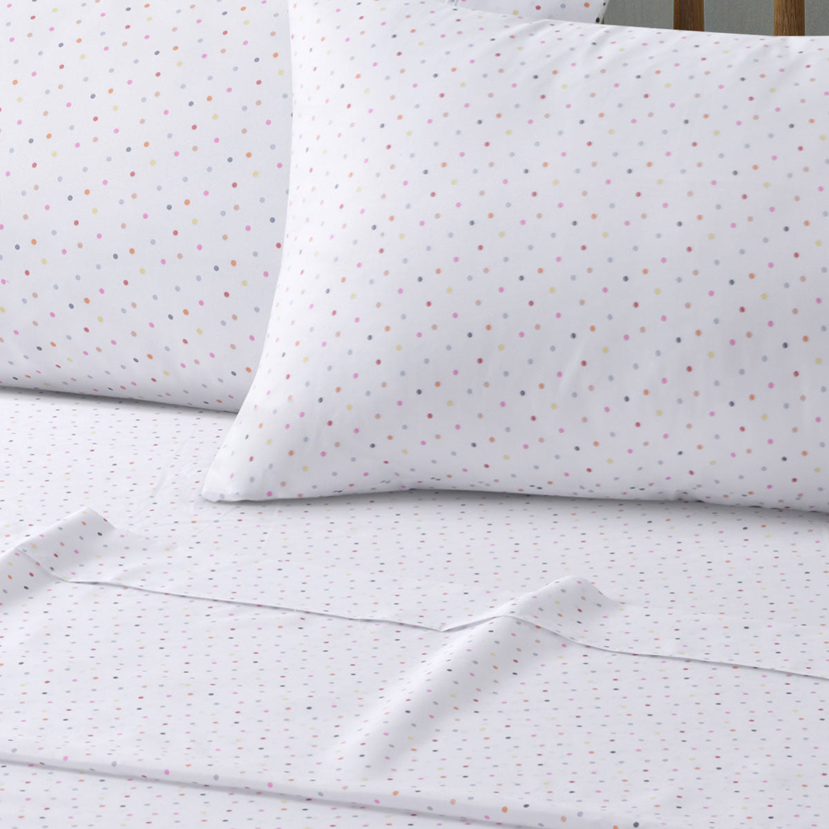 Big Sleep Polka Printed Microfibre Sheet Set Queen featuring colorful polka dots in various tones on a soft fabric.