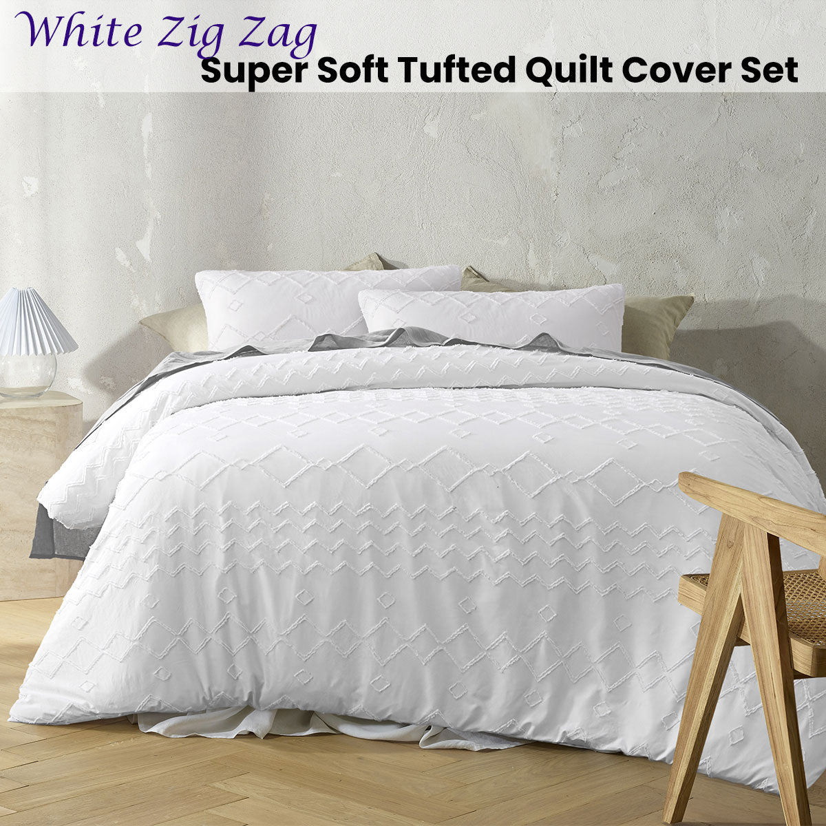 Big Sleep White Zig Zag Super Soft Tufted Quilt Cover Set King featuring tufted zig zag design on soft polyester fabric.