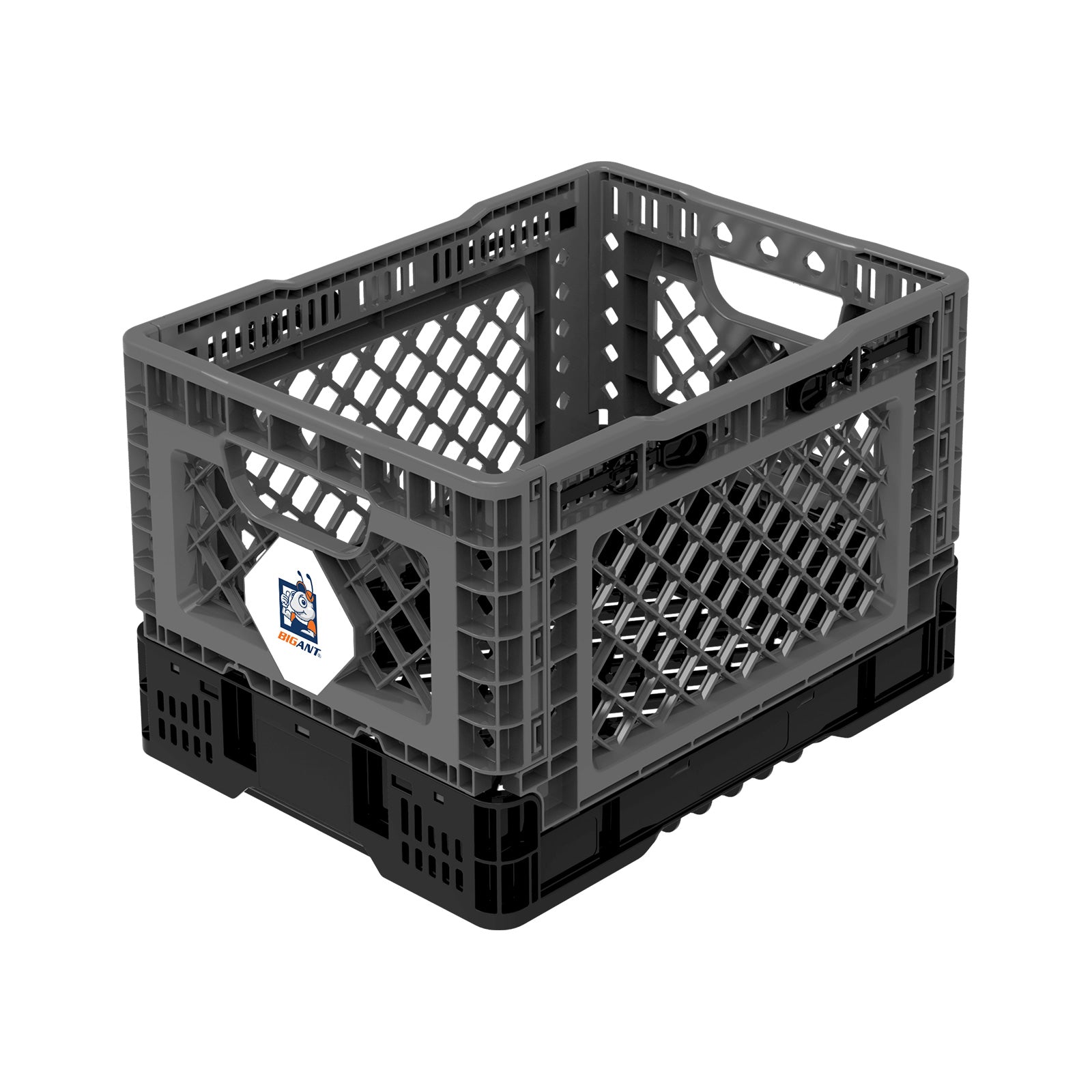 BigAnt Charcoal Smart Foldable Stackable Crate 25L, showcasing its collapsible design and sturdy build, ideal for storage and transport.