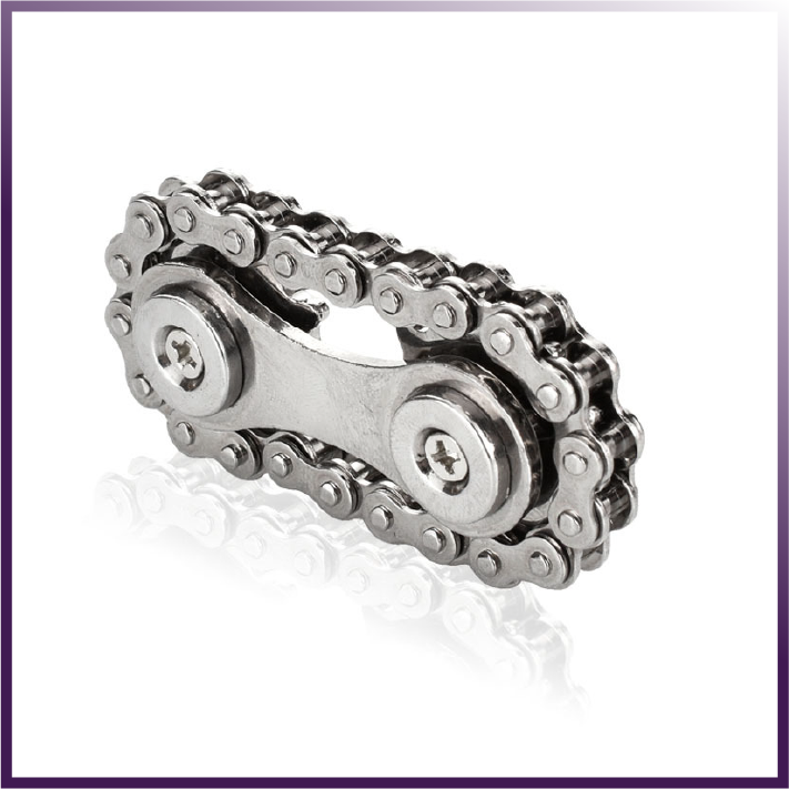 A stainless steel Bike Chain Gear Spinner designed for stress relief, featuring a unique bike chain design and silent bearings for smooth spinning.