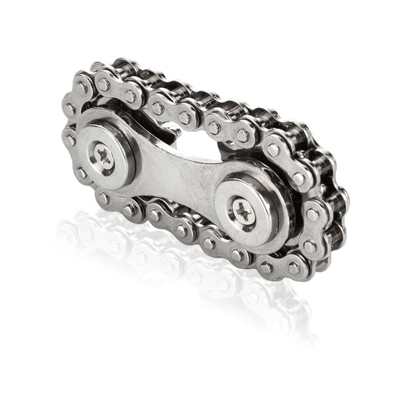 A stainless steel Bike Chain Gear Spinner designed for stress relief, featuring a unique bike chain design and silent bearings for smooth spinning.