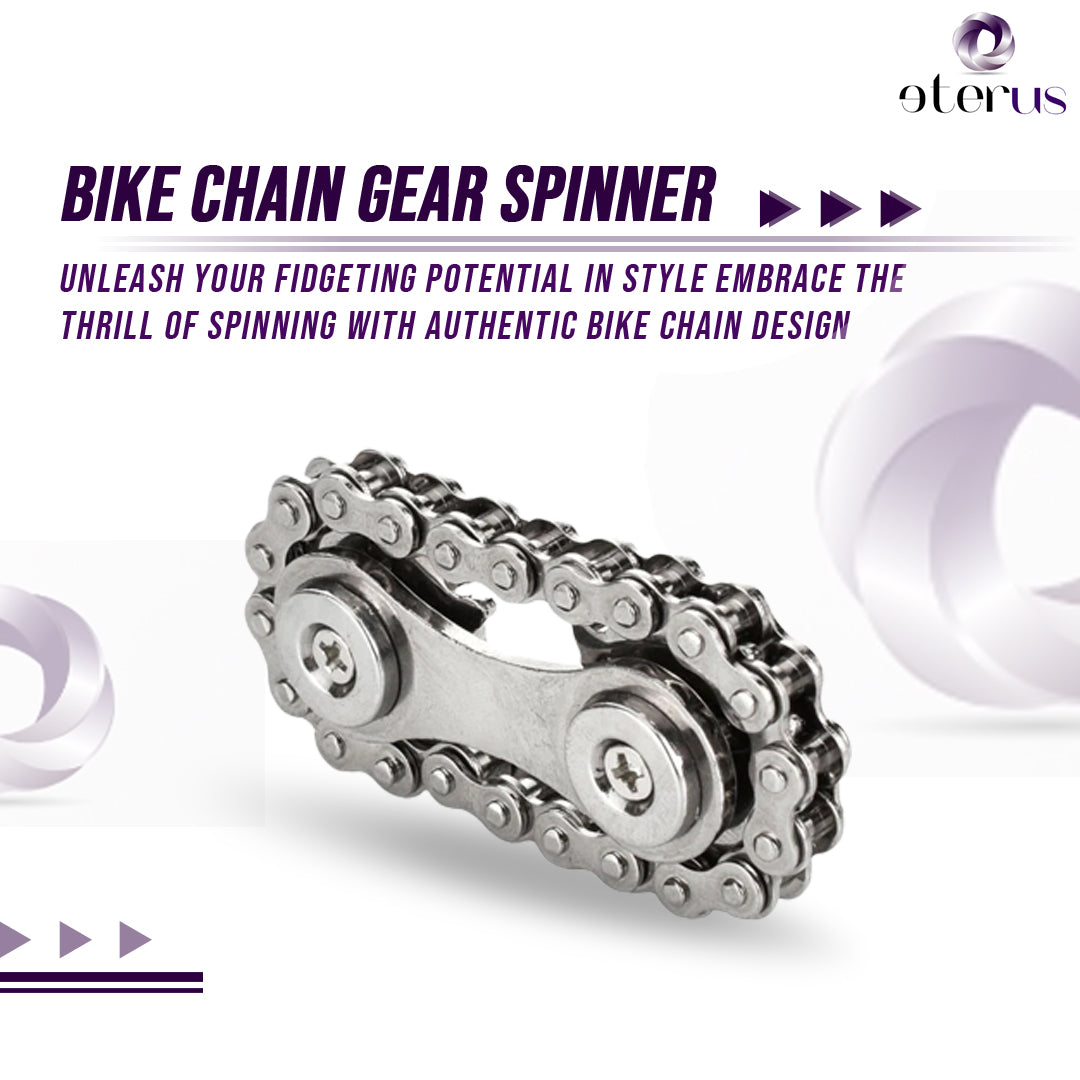 A stainless steel Bike Chain Gear Spinner designed for stress relief, featuring a unique bike chain design and silent bearings for smooth spinning.