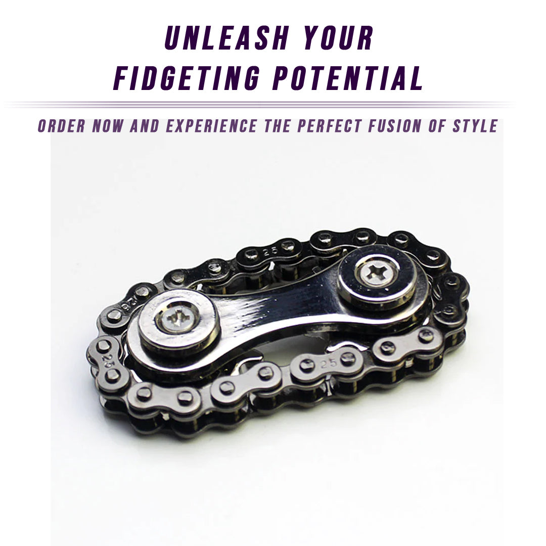 A stainless steel Bike Chain Gear Spinner designed for stress relief, featuring a unique bike chain design and silent bearings for smooth spinning.