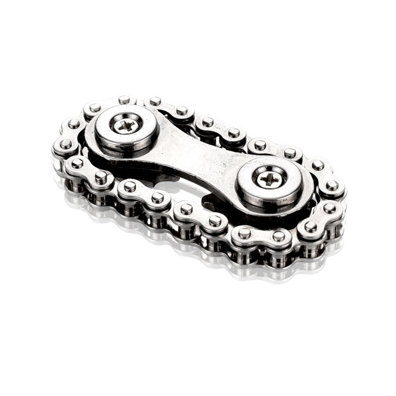 A stainless steel Bike Chain Gear Spinner designed for stress relief, featuring a unique bike chain design and silent bearings for smooth spinning.