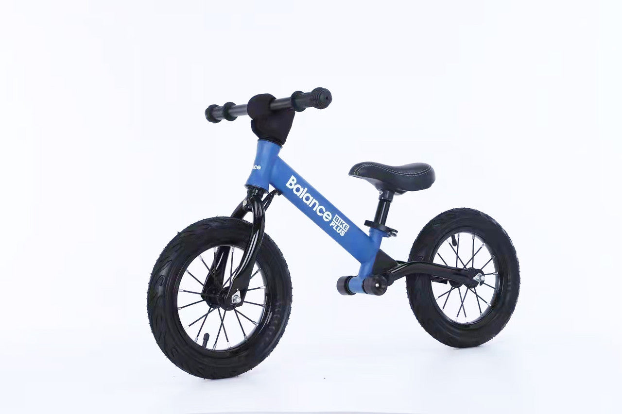 Bike Plus Kids Balance Bike in blue with suspension, featuring 12-inch spoked wheels and adjustable seat for children aged 2-6.