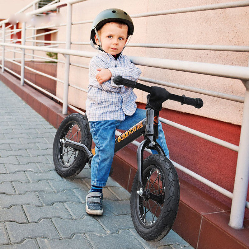 Bike Plus Kids Balance Bike in blue with suspension, featuring 12-inch spoked wheels and adjustable seat for children aged 2-6.