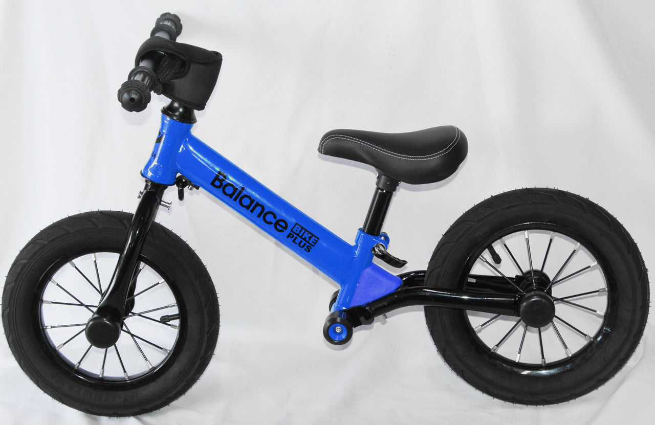 Bike Plus Kids Balance Bike in blue with suspension, featuring 12-inch spoked wheels and adjustable seat for children aged 2-6.