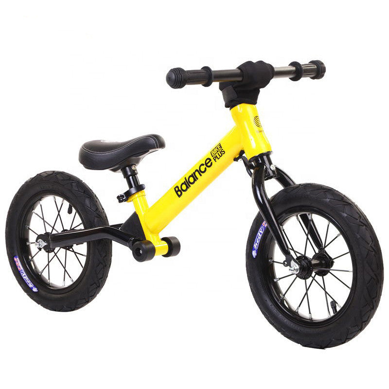 Bike Plus Kids Balance Bike in yellow, featuring a lightweight aluminum frame, 12-inch spoked wheels, and adjustable seat for children aged 2-6.