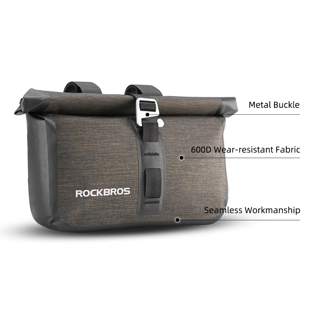 RockBros Bike Roll Bag, a waterproof handlebar pannier designed for cycling, featuring adjustable straps and a reflective logo for safety.