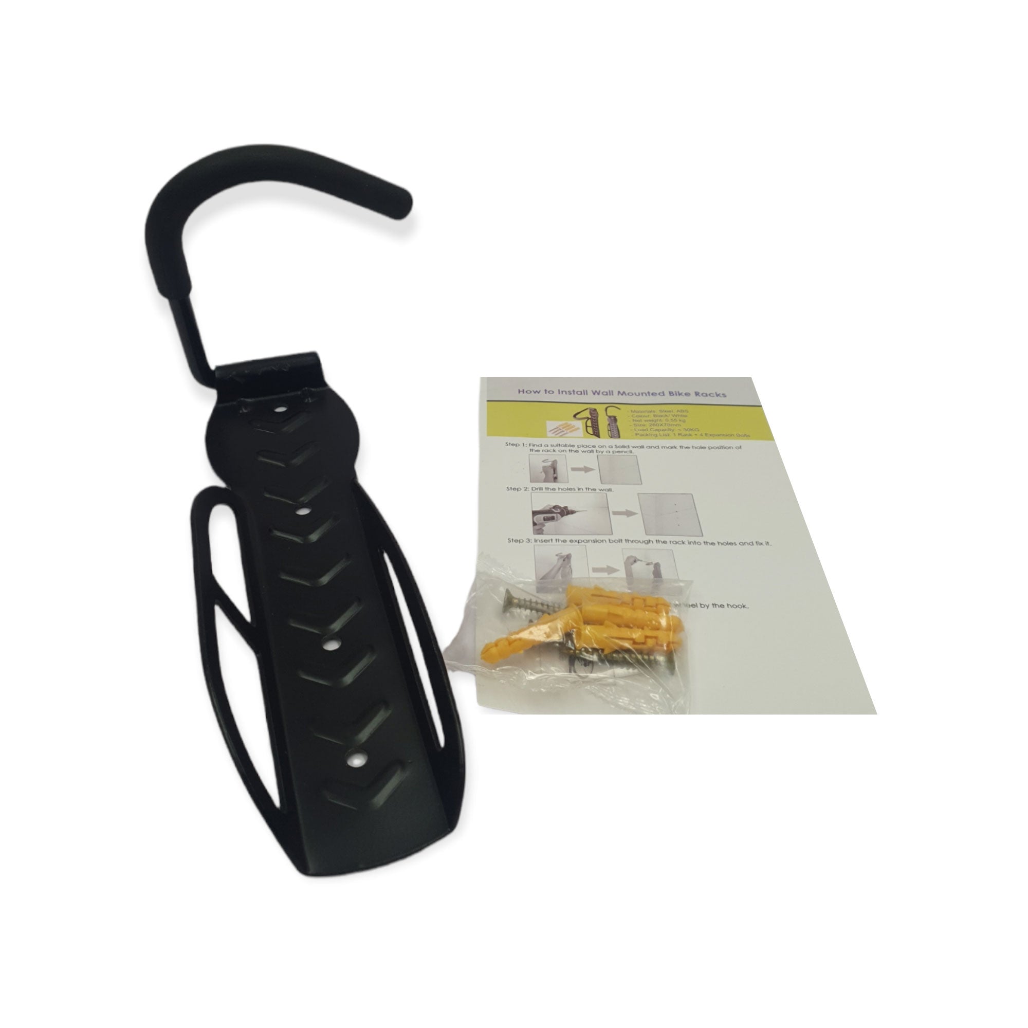 Steel bike wall hook with protective foam sleeve, designed for garage and patio use.