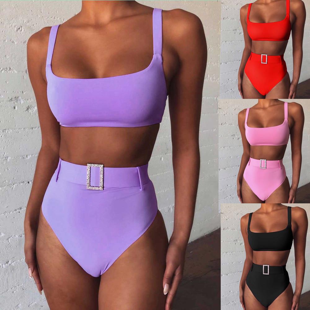 High waist bikini set featuring a stylish belt, available in pink, red, black, and violet colors, made from quality polyester fabric.