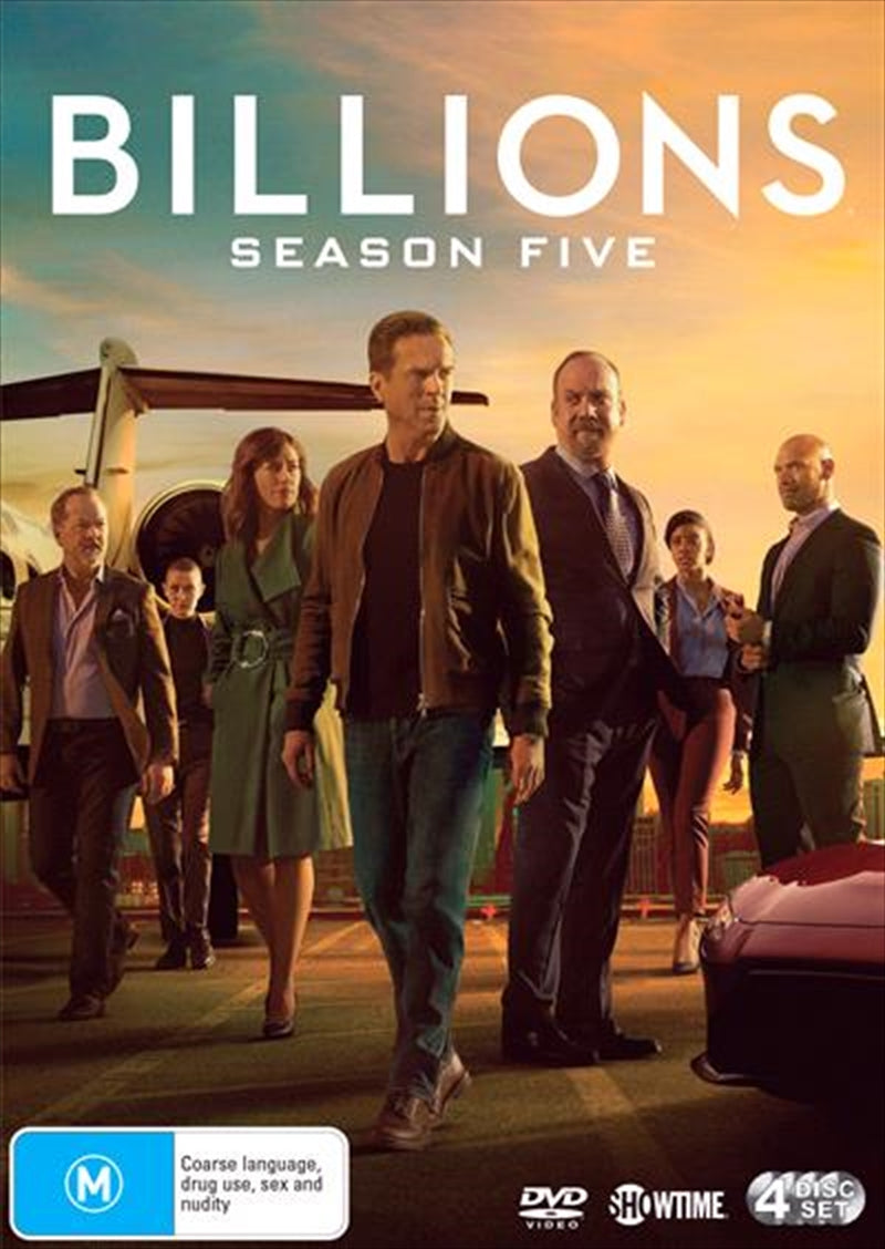 Billions - Season 5 DVD cover featuring Bobby Axelrod and Chuck Rhoades in a dramatic pose, showcasing the intense rivalry and power struggles.