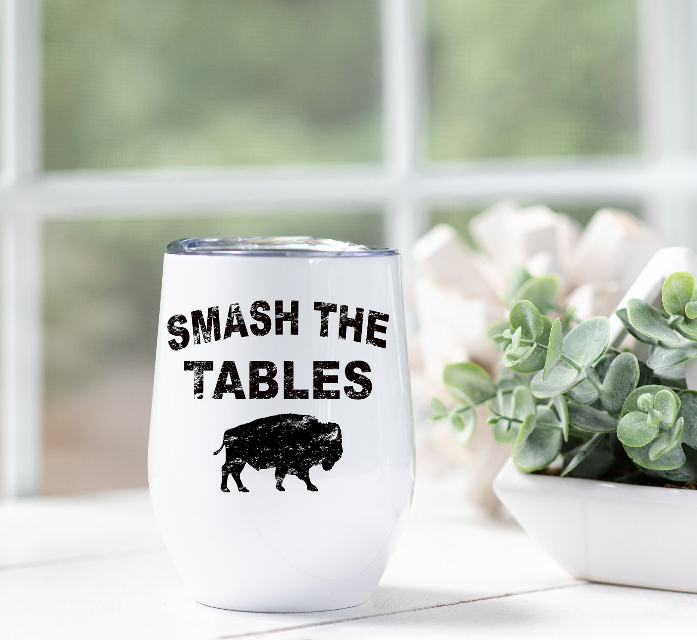 Bills Smash The Tables Wine Tumbler, a stylish 12oz insulated cup with a lid, perfect for on-the-go drinks.