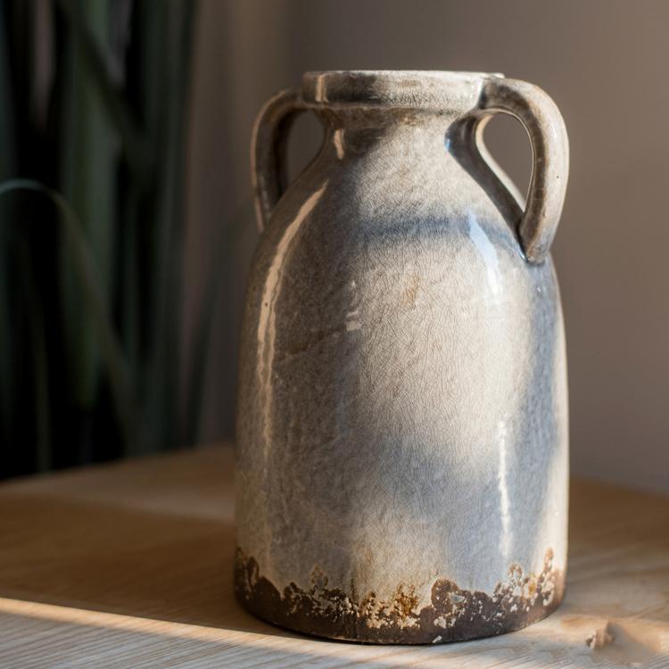 Binglie Glazed Pottery Vase with Handles, showcasing a unique handmade ceramic design in tan, gray, and brown colors.