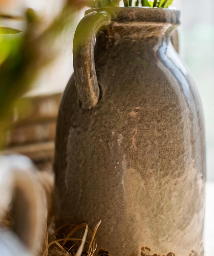 Binglie Glazed Pottery Vase with Handles, showcasing a unique handmade ceramic design in tan, gray, and brown colors.