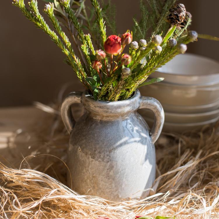 Binglie Glazed Pottery Vase with Handles, showcasing a unique handmade ceramic design in tan, gray, and brown colors.