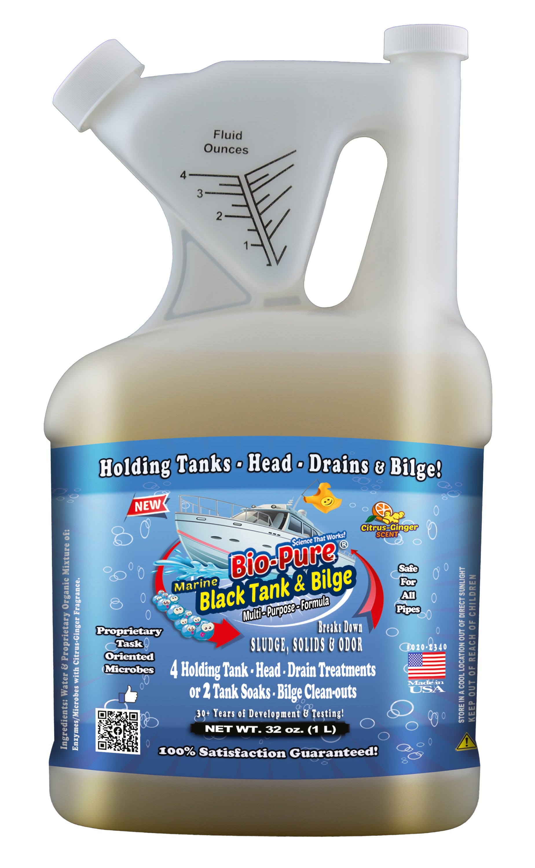 Bio-Pure Boat & Marine Septic Tank & Bilge 32 oz. bottles in a case of 6, featuring a citrus ginger scent and microbial bio-enzyme formula.