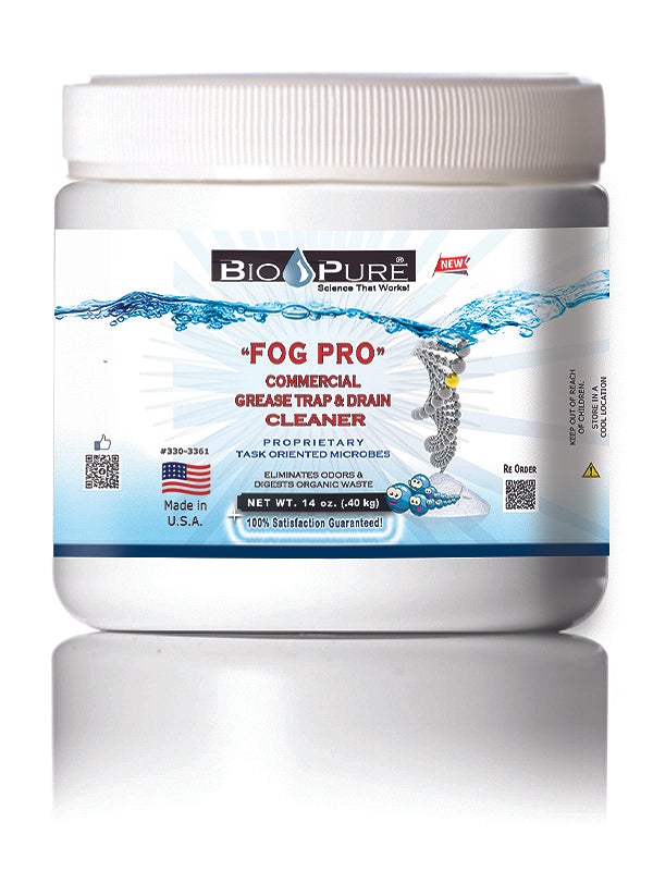 Bio-Pure FOG PRO 14 oz bottle, a commercial heavy-duty grease trap and drain line cleaner with microbial technology for effective waste breakdown.