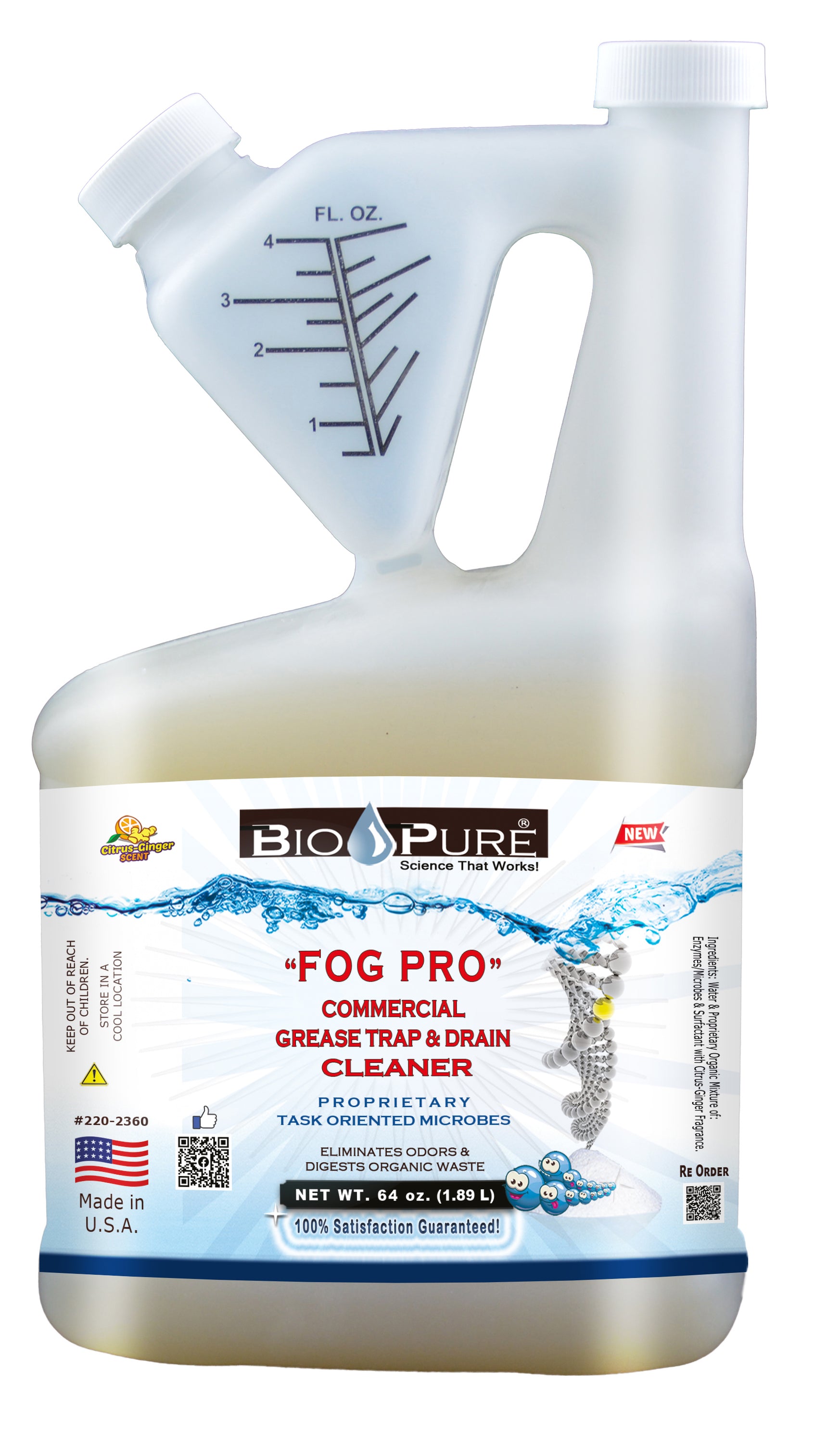 Bio-Pure FOG PRO 64 oz. commercial grease trap cleaner bottle with label showcasing its microbial power for breaking down fats, oils, and grease.