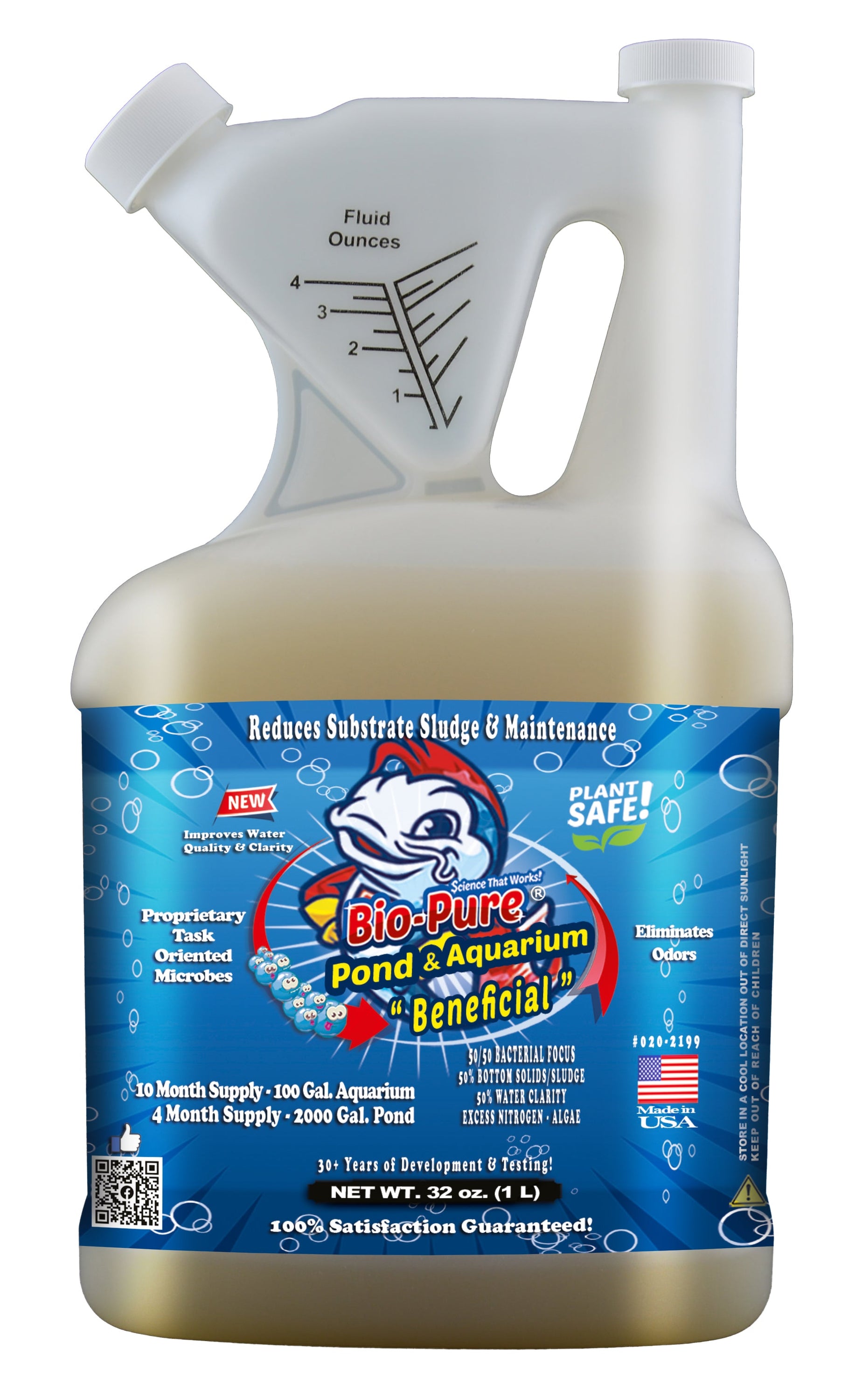 Bio-Pure Pond & Aquarium Beneficial 32 oz. bottle for water treatment, featuring a label with product details and usage instructions.