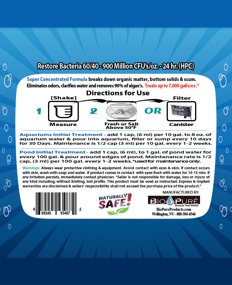 Bio-Pure Pond & Aquarium RESTORE 8 oz. bottle designed for improving water clarity and quality in aquariums and ponds.