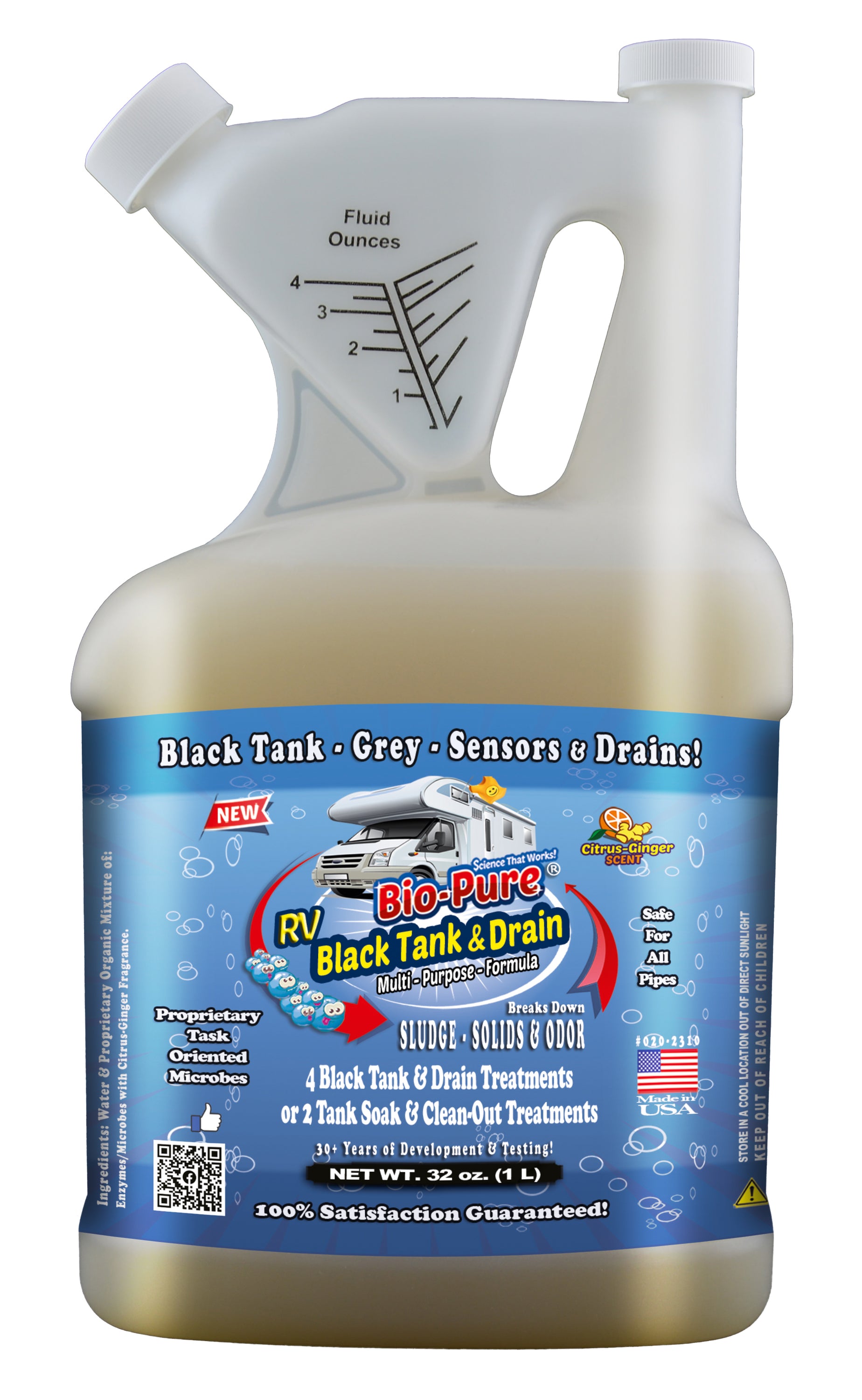 Bio-Pure RV Black Tank/Septic 32 oz. bottle with citrus ginger scent, designed for waste breakdown and odor elimination.