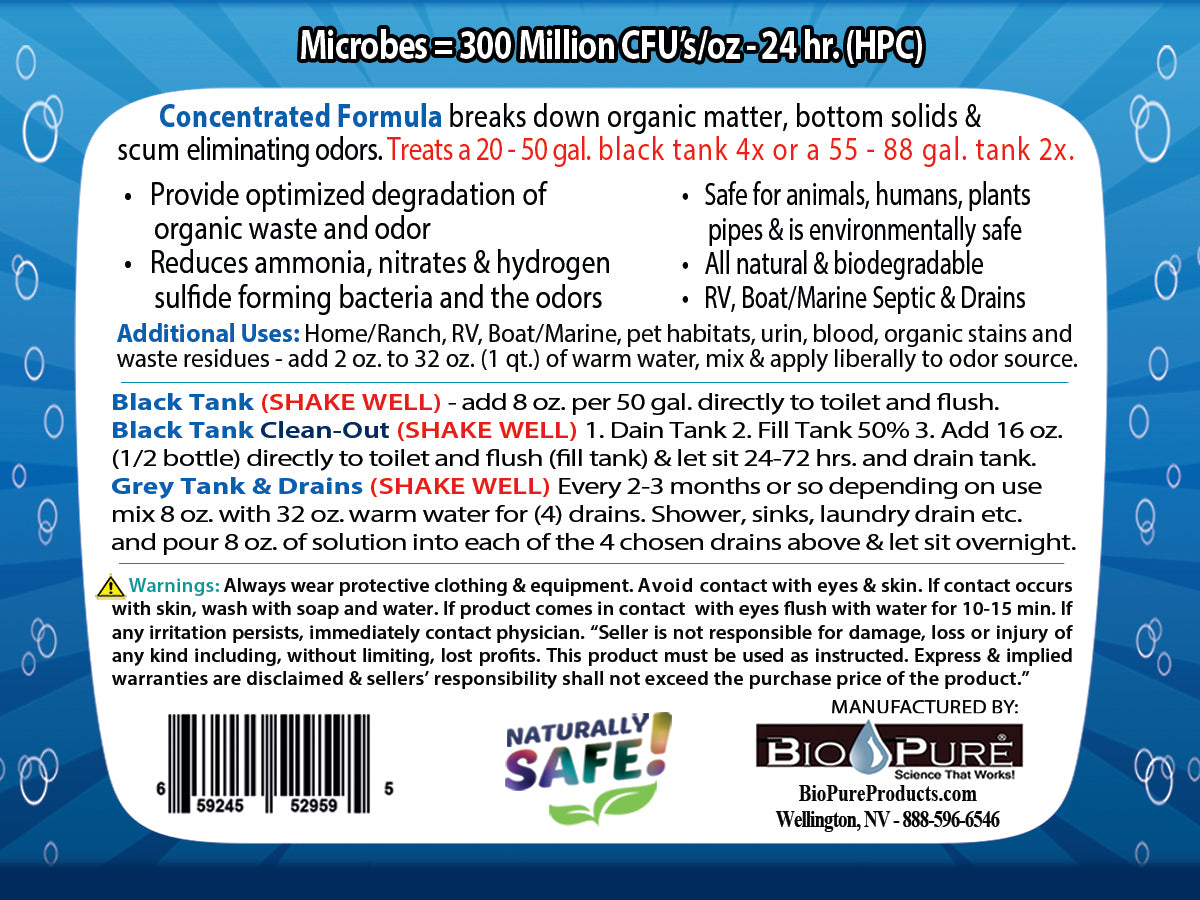 Bio-Pure RV Black Tank/Septic 32 oz. bottle with citrus ginger scent, designed for waste breakdown and odor elimination.