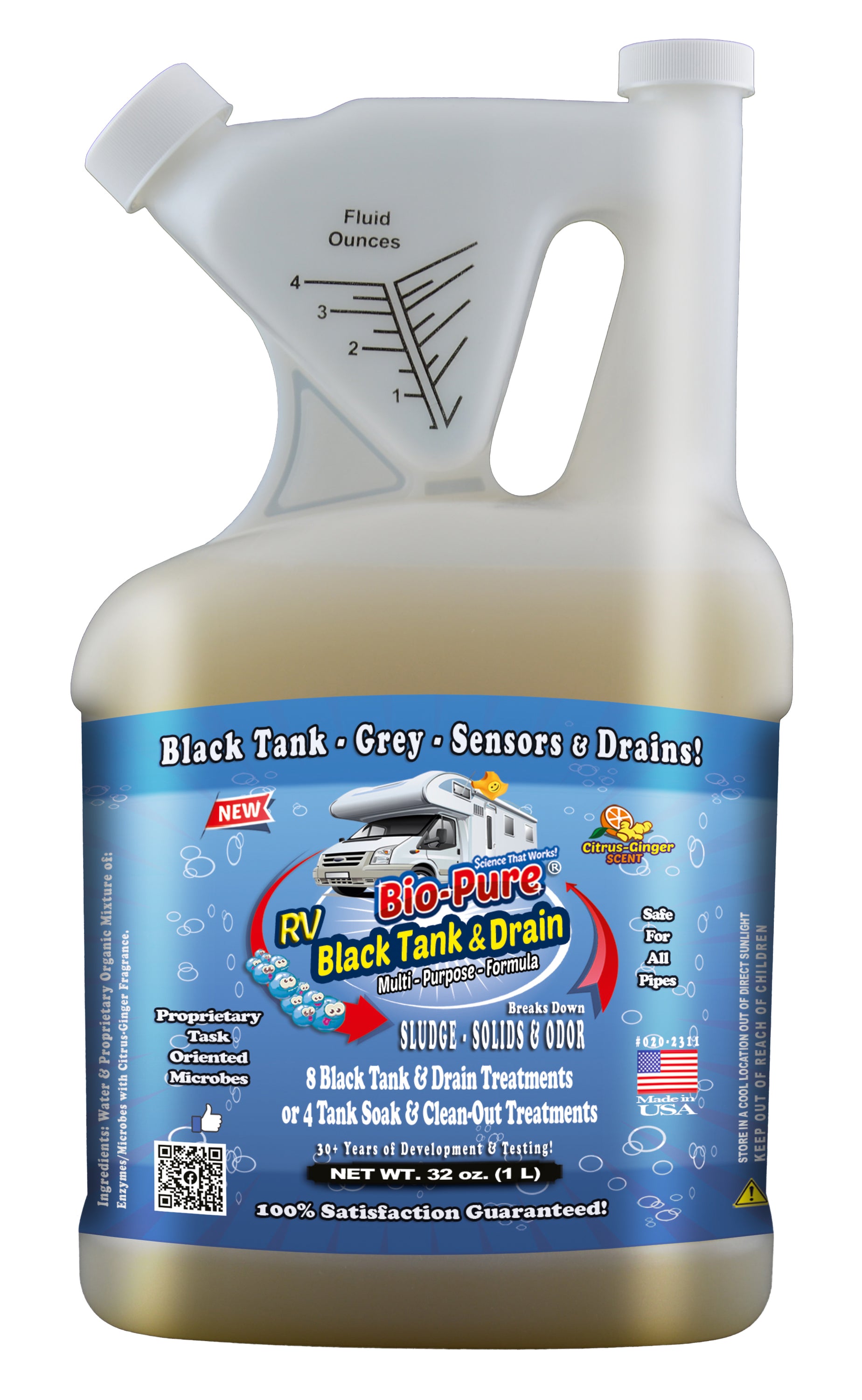 Bio-Pure RV Black Tank Concentrate bottle with citrus ginger scent, designed for waste breakdown and odor elimination.