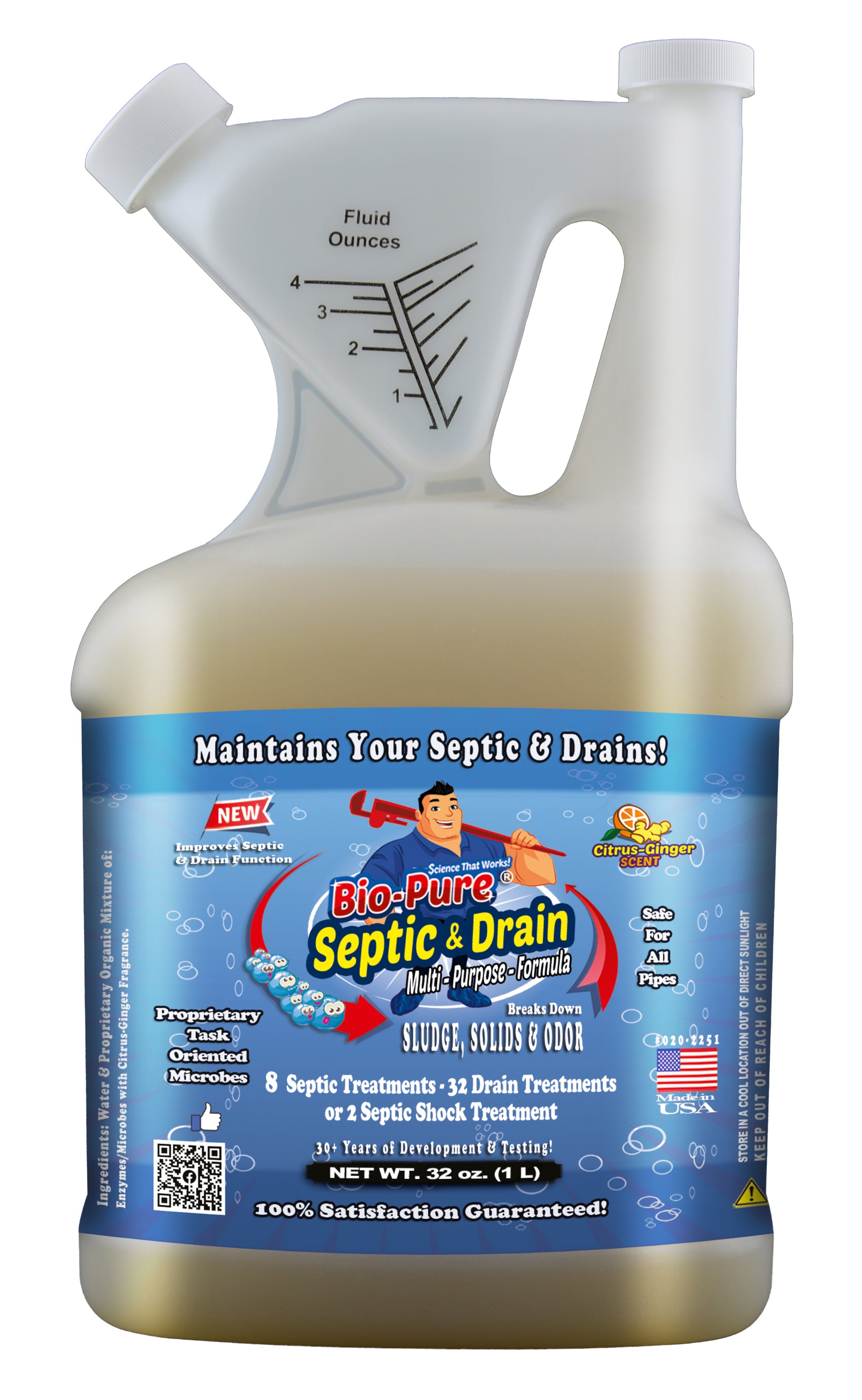 Bio-Pure Septic & Drain Concentrate bottle with citrus ginger scent, designed for effective waste breakdown and odor elimination.