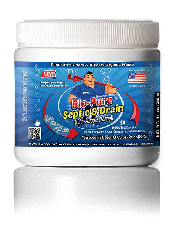 Bio-Pure Septic & Drain Concentrate 14 oz. bottle with citrus ginger scent, designed for effective waste breakdown and odor elimination.