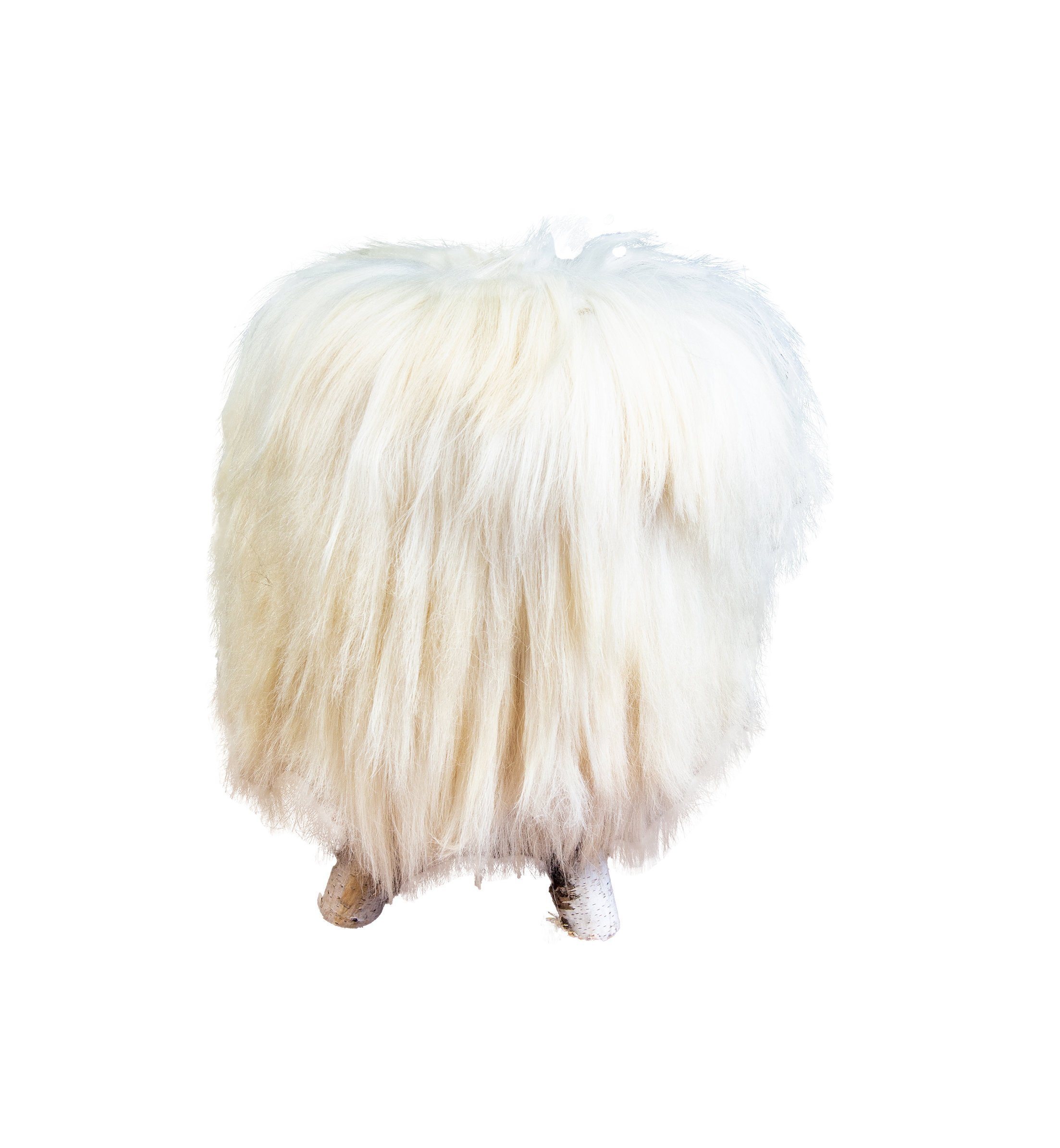 Birch wood and cream sheepskin ottoman showcasing its fluffy texture and elegant design, perfect for home decor.