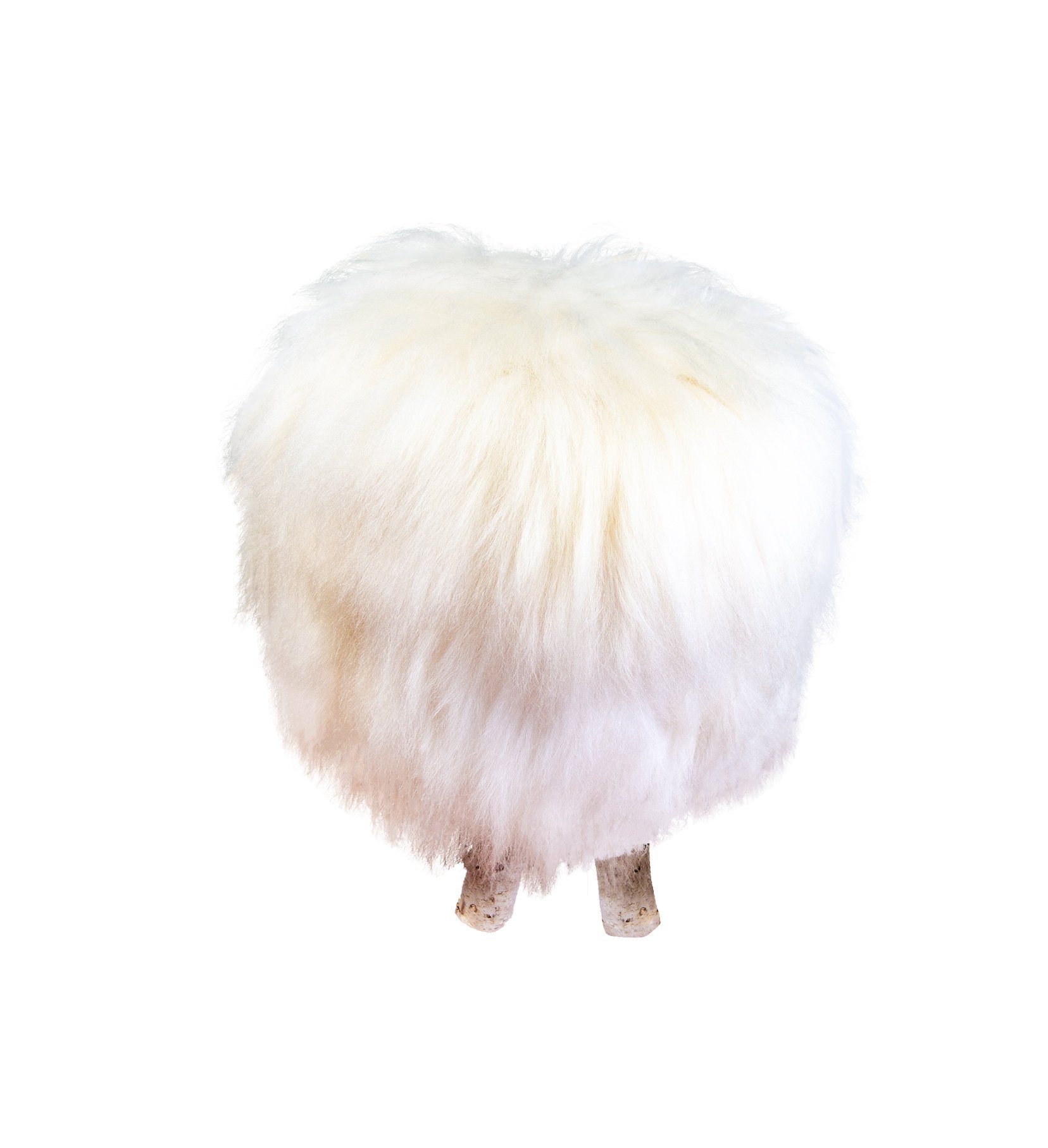 Birch Wood and Ivory Sheepskin Ottoman showcasing its fluffy texture and natural wood base, perfect for home decor.