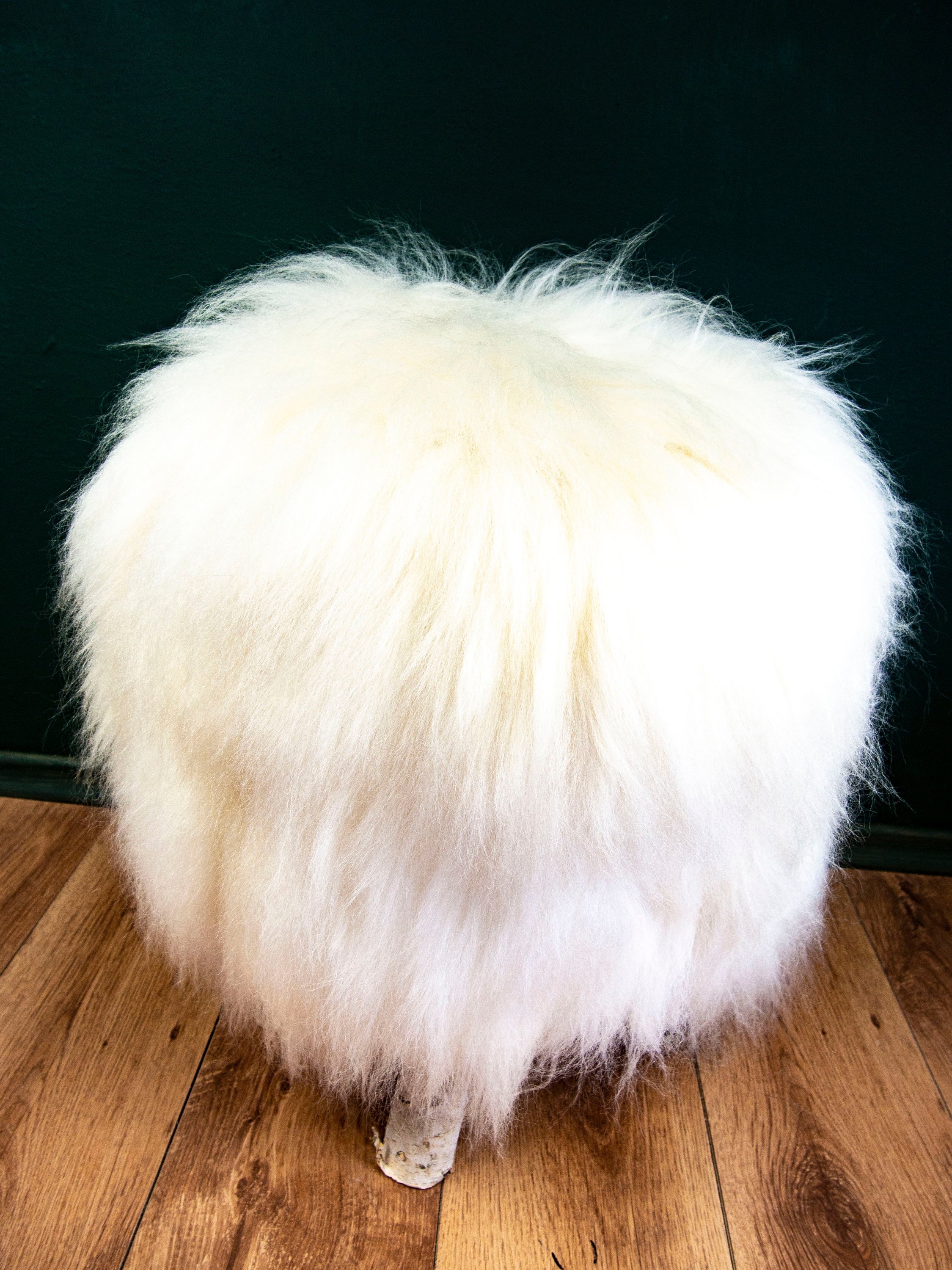 Birch Wood and Ivory Sheepskin Ottoman showcasing its fluffy texture and natural wood base, perfect for home decor.