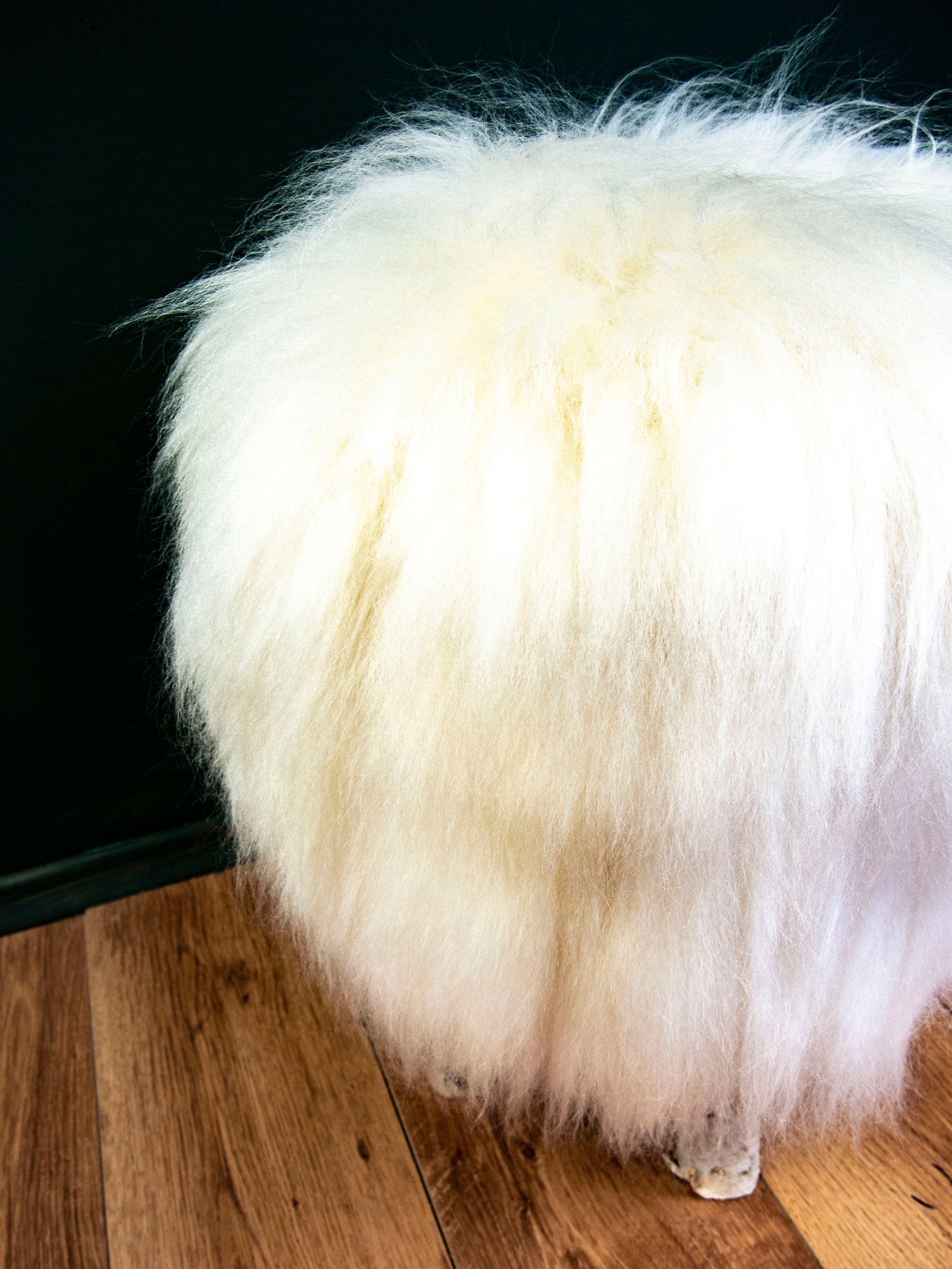 Birch Wood and Ivory Sheepskin Ottoman showcasing its fluffy texture and natural wood base, perfect for home decor.