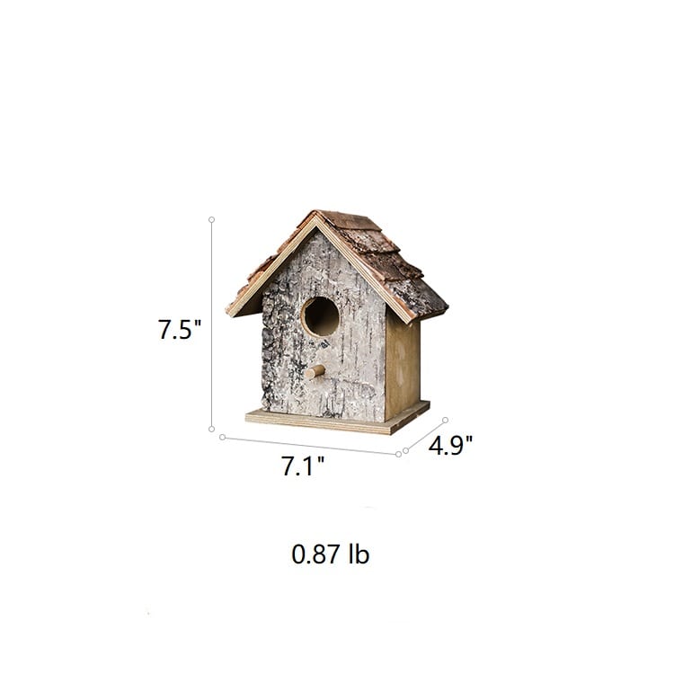 Birch Wood Decorative Bird House with natural wood finish, showcasing unique handcrafted design and dimensions.