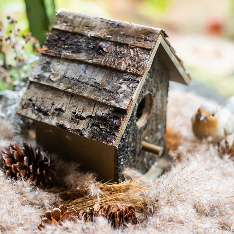 Birch Wood Decorative Bird House with natural wood finish, showcasing unique handcrafted design and dimensions.