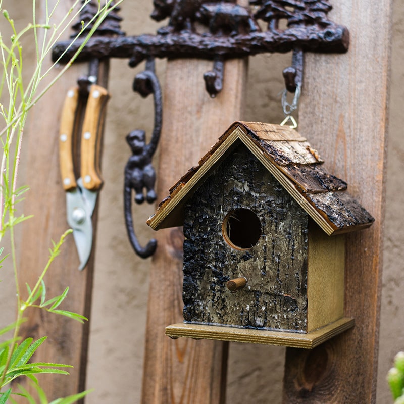 Birch Wood Decorative Bird House with natural wood finish, showcasing unique handcrafted design and dimensions.