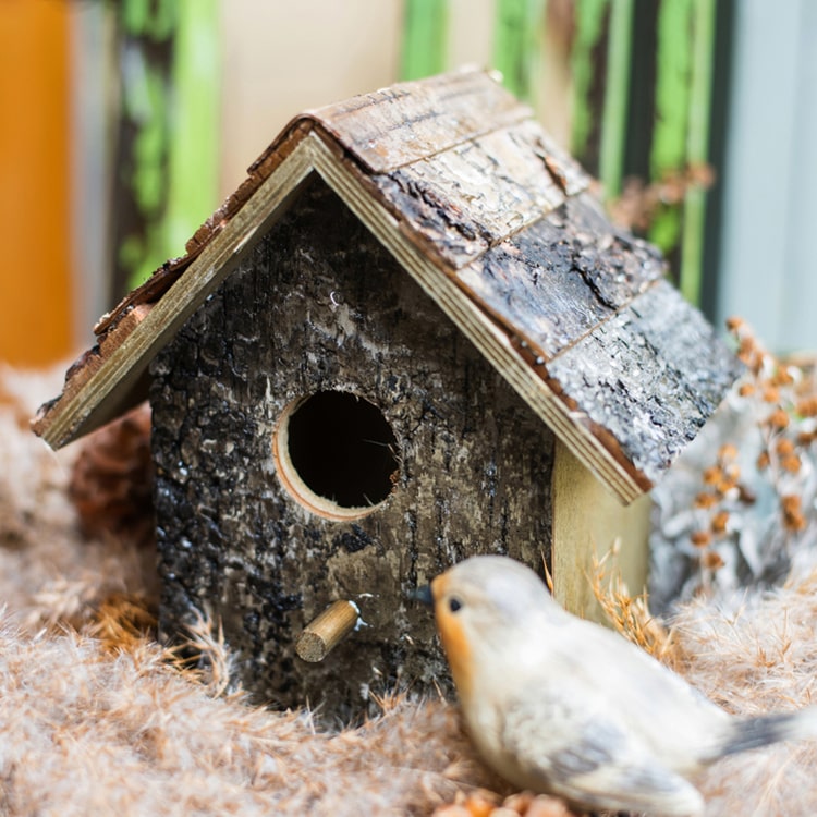 Birch Wood Decorative Bird House with natural wood finish, showcasing unique handcrafted design and dimensions.