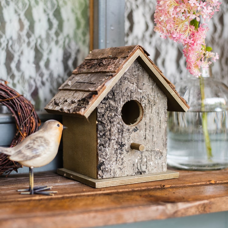 Birch Wood Decorative Bird House with natural wood finish, showcasing unique handcrafted design and dimensions.