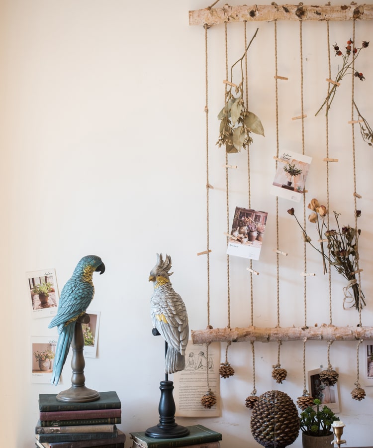 Birch Wood Photo Wall Hanger featuring natural wood, hemp rope, and pine cones, showcasing a rustic and stylish design.