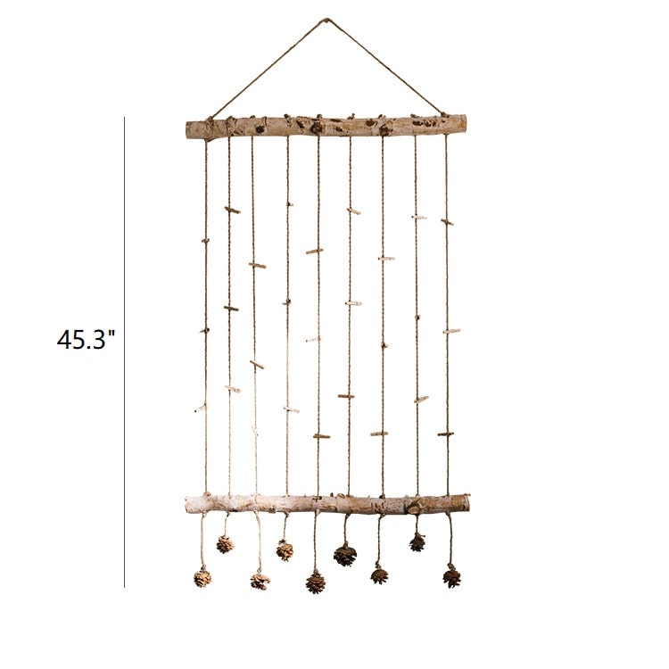 Birch Wood Photo Wall Hanger featuring natural wood, hemp rope, and pine cones, showcasing a rustic and stylish design.